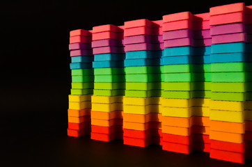 Rainbow stripes, steps with leaves, futurism abstraction on a black background