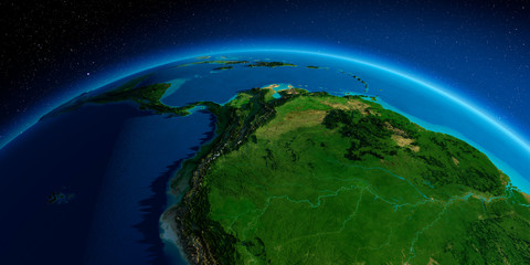 Detailed Earth. The western part of South America. Peru, Ecuador, Colombia, Venezuela and part of Brazil