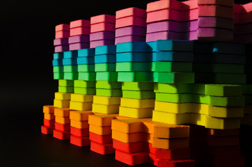 Rainbow stripes, steps with leaves, futurism abstraction on a black background