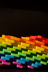 Rainbow stripes, steps with leaves, futurism abstraction on a black background