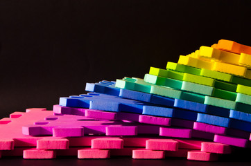 Rainbow stripes, steps with leaves, futurism abstraction on a black background