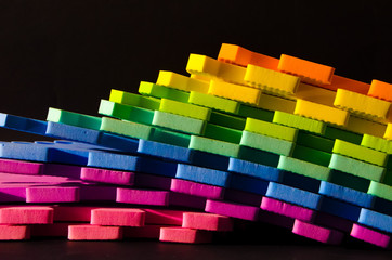 Rainbow stripes, steps with leaves, futurism abstraction on a black background