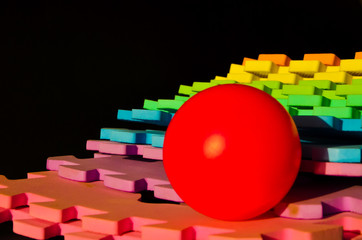 Rainbow stripes, steps with leaves, futurism abstraction on a black background