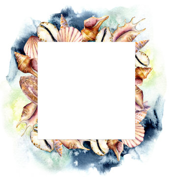 Watercolor frame with shells and dark blue water. Hand painted sea shells square card isolated on white background. Nautical template. Illustration for design, print or background.