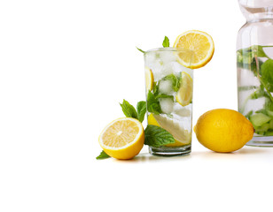 İced mint water with fresh lemon isolated on white background. Diet. 