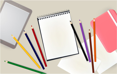 Fototapeta na wymiar tablet, notepad, pencils, notebook, pink school education
