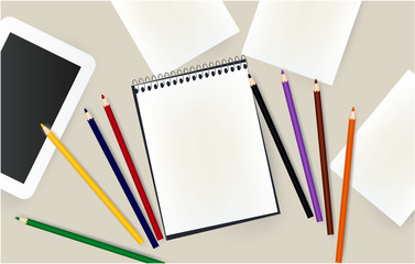 Fototapeta na wymiar tablet, notepad, pencils, school, school notebook, desk