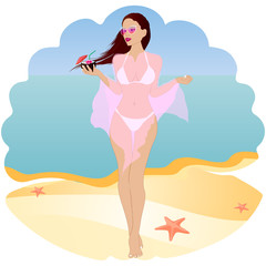 Girl in a pareo on the beach with a cocktail. Vector art