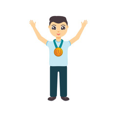 Happy startup businessman with gold medal celebrating achievements in business performance. Corporate and employee recognition award. Victory concept. Cartoon vector illustration. 