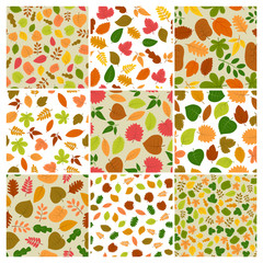 Set of nine seamless autumn leaves backgrounds