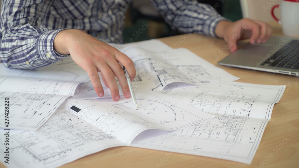 Poster architect working with architectural document. man hands holding pencil check blueprint sketch make 