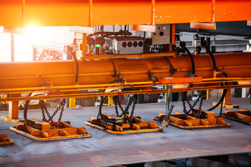 Overhead crane with vacuum handling grippers, close up