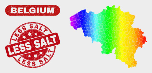 Rainbow colored dot Belgium map and seals. Red round Less Salt distress seal. Gradient rainbow colored Belgium map mosaic of randomized round dots. Less Salt seal stamp with distress texture.