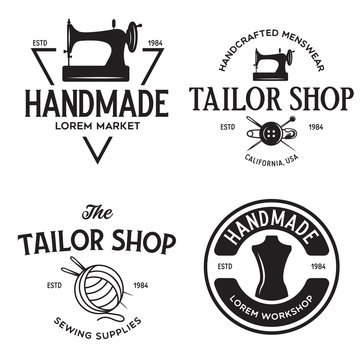 Set of vintage sewing and tailor labels, badges, design elements and emblems. Tailor shop old-style logo.