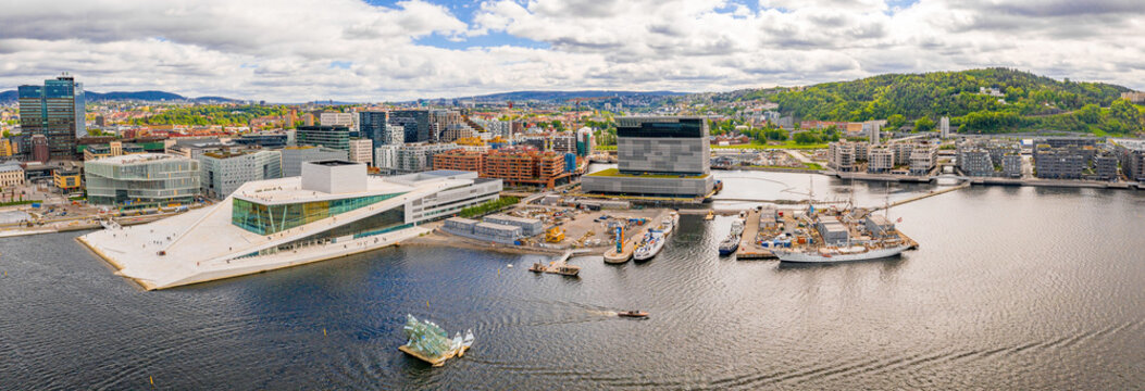 Aerial panoramic view of the Opera House and new business quarter. Oslo, Norway.
