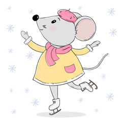 Cute mouse in warm clothes on skates. Greeting card for New year and Christmas.