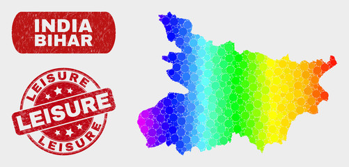 Rainbow colored dot Bihar State map and seals. Red rounded Leisure scratched seal. Gradient rainbow colored Bihar State map mosaic of randomized small spheres.