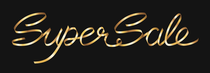 Super sale golden ribbon lettering. Realistic text super sale shiny gold tape