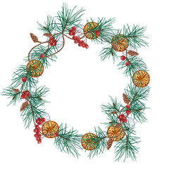 Christmas wreath with pine branches and rowan berries.