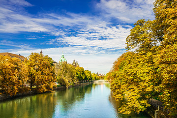 Colorful autumn landscape of Isar river in Munich, Bavaria