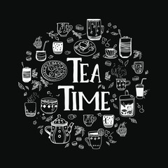 Poster with inscription Tea Time with symbols: cookies, flowers, macaroons, leaves, teapot, plates, strawberries, cups. Vector hand-drawn illustration.