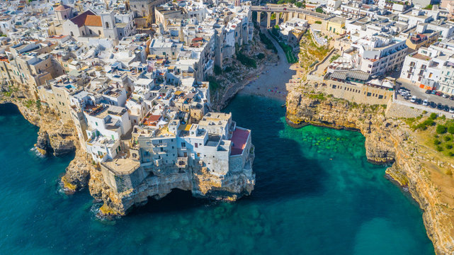 Aerial view of the beach lama monachile cala porto in the italian city polignano a mare. 