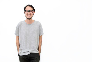Attractive beautiful positive happy asian man. Close up portrait asian nerdy man. Handsome nerd Japanese guy wearing glasses with big smile isolated on white background.