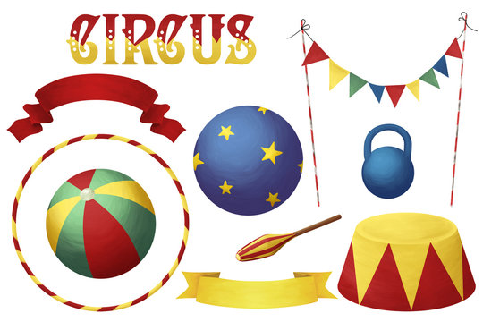 Bright circus clip art set white isolated, colorful individual elements kit