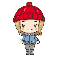 Vector illustration of cute chibi character isolated on white background. Cartoon little girl in red cap.