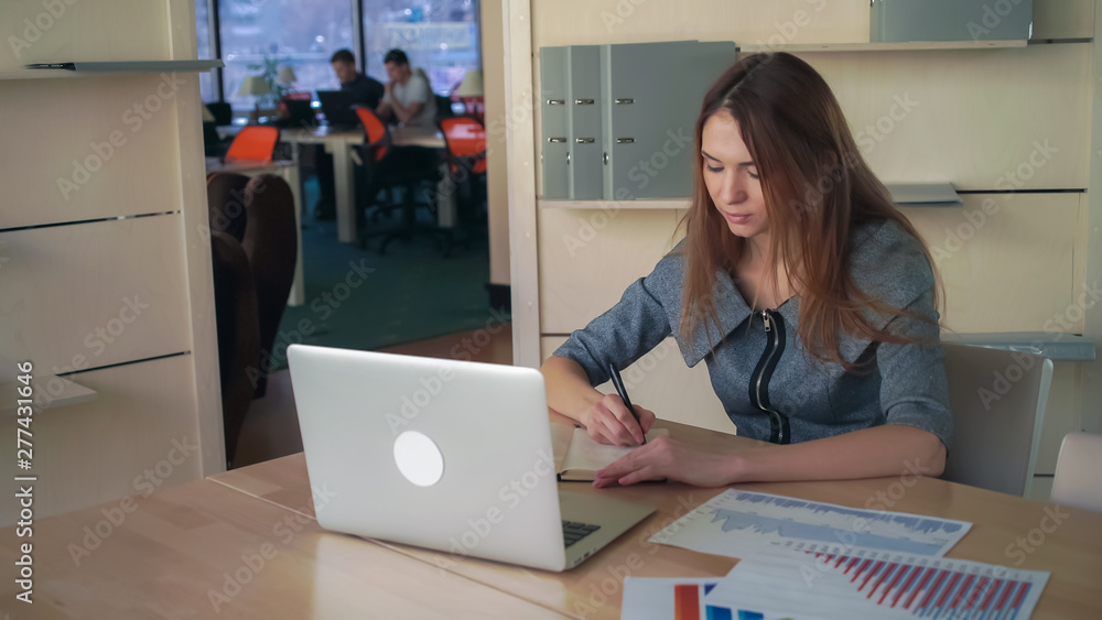 Aufkleber young woman prepare a report for client. she making notes at the notebook. comparing the numbers at 