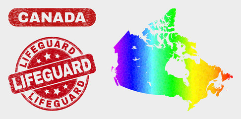 Spectral dotted Canada map and stamps. Red round Lifeguard distress seal stamp. Gradiented rainbow colored Canada map mosaic of scattered circle dots. Lifeguard seal stamp with grunged surface.
