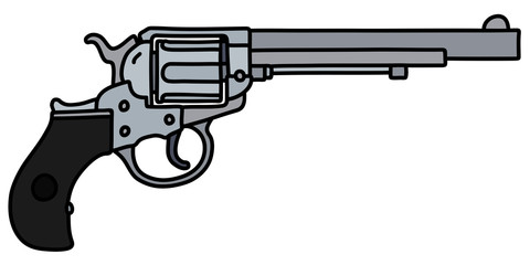 The hand drawing of a classic long steel revolver