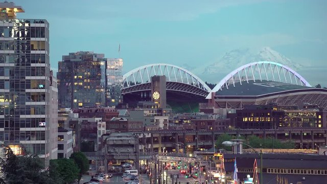 Seattle, Washington City Street View with Mount Rainier