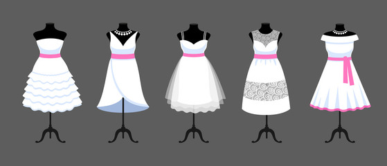 A set of short white dresses with pink ribbons. Collection of mannequins dressed in wedding clothes. Vector cartoon illustration for shop, boutique, fashion house, tailor salon.