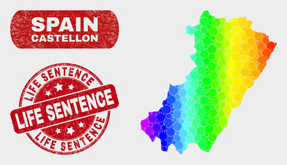 Rainbow colored dotted Castellon Province map and seal stamps. Red rounded Life Sentence scratched watermark. Gradient rainbow colored Castellon Province map mosaic of random circle.