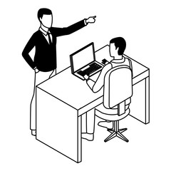 Businessmen using technology for business in black and white