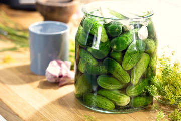 Preparing cucumbers for pickling in a home kitchen. Shallow depth of field.