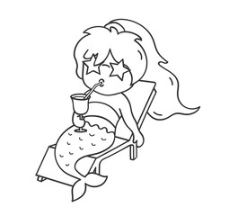 Mermaid in sunglasses sipping a cocktail on a deck chair. Cute cartoon character for emoji, sticker, pin, patch, badge. Vector outline illustration.