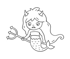 Angry mermaid with trident and devil horns. Cute cartoon character for emoji, sticker, pin, patch, badge. Vector outline illustration.