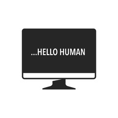 Artificial intelligence concept icon in black and white. Computer displaying greeting text. Vector illustration.