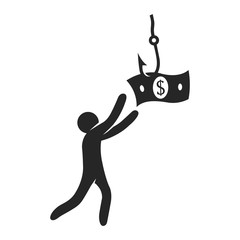 Man chasing dollar bait icon in black and white. Vector illustration.