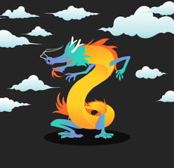 Yellow dragon on black background. Vector illustration.