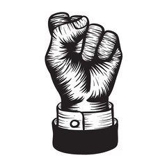Hand fist in woodcut style drawing. Vector illustration.