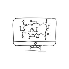 Artificial intelligence concept icon in sketch style. Computer displaying electronic circuit brain. Vector illustration.