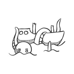 Ship and giant octopus icon in sketch style. Hand drawn vector illustration.
