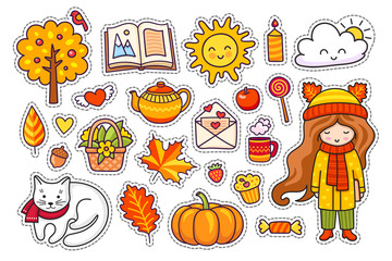 Set of cute hand drawn autumn elements. Fall season decoration. Little girl, pumpkin, open book, cloud, coffee, candle, kettle and love letter. Vector illustration.