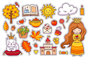 Set of cute autumn stickers. Kawaii little princess with crown and coffee, leaves, cat, sun, castle. Fall. Vector illustration.