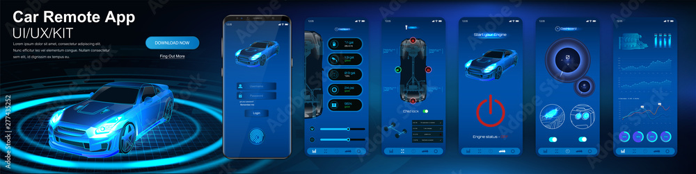 Aufkleber Remote car control app. Smart car security system UI,UX,KIT. Remote monitoring and control of the car, indicators of sensors and data online. Mobile application auto (Dashboard, lock, run, data)