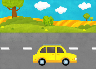cartoon scene with every day car in the country on the street illustration for children