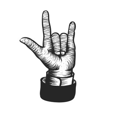 I love you finger gesture in woodcut style drawing.